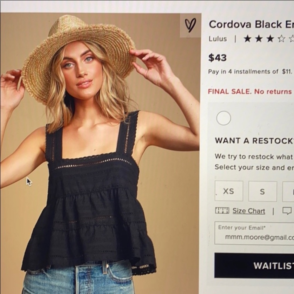 NWT Lulus black eyelet tank